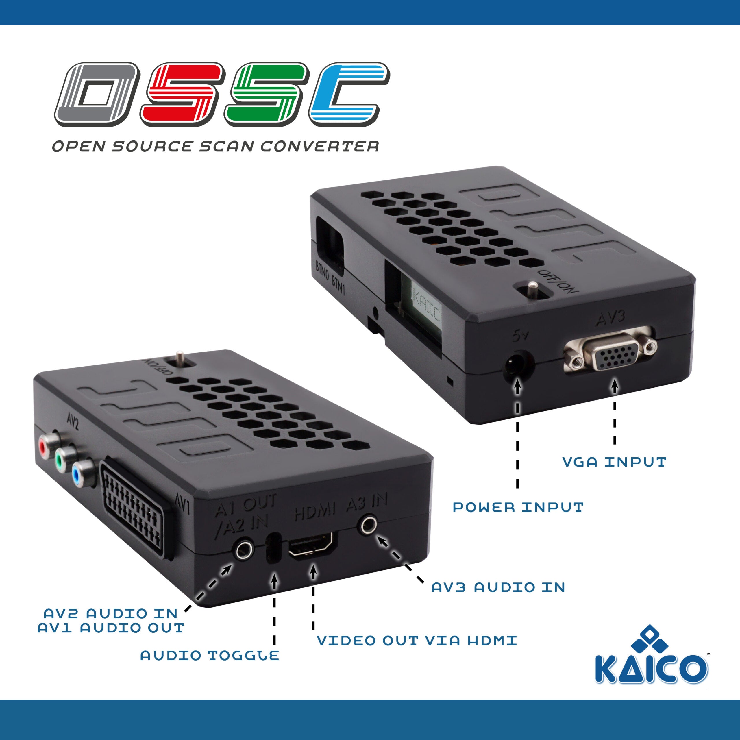ossc, supports vga, hdmi, scart, component, av1,2,3 audio, audio toggle on/off